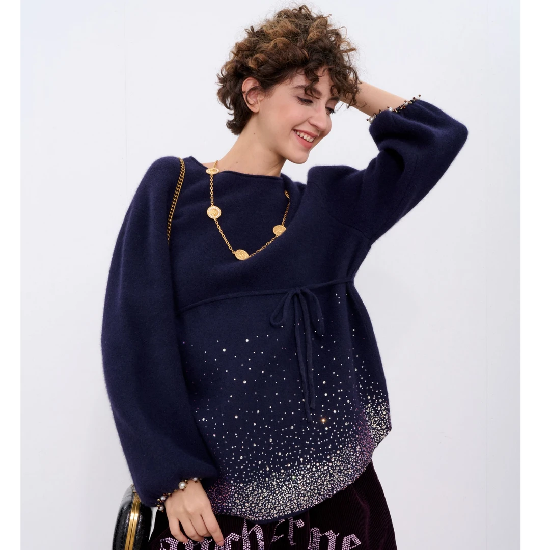 私服-TCH时尚潮牌宝石蓝毛衣长袖烫钻气质圆领打底衫T72C09E5006