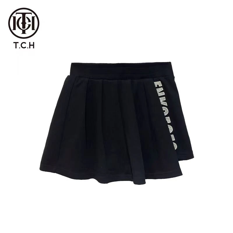 奥莱-TCH潮牌字母烫钻时尚百搭通用黑色女士百褶裙裤T66C22E6010