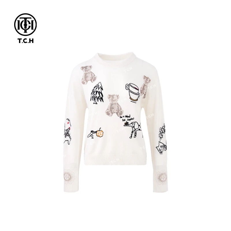 私服-TCH潮牌时尚25新款小熊长袖烫钻卡通百搭针织衫T72C09E5183