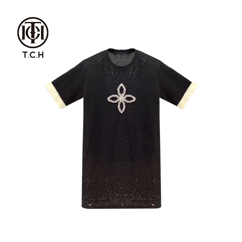 山东TCH-新中式2025新款气质时尚重工烫钻黑色连衣裙T72B30E9061