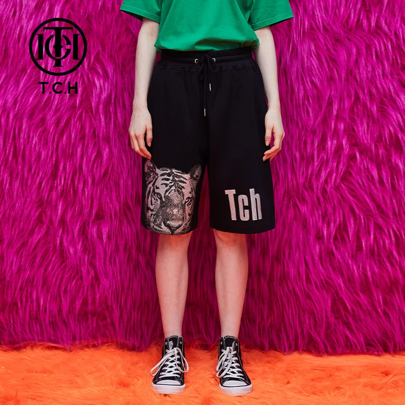 潮牌-TCH潮牌休闲五分裤烫钻豹子头春夏新款男女短裤T69B216012