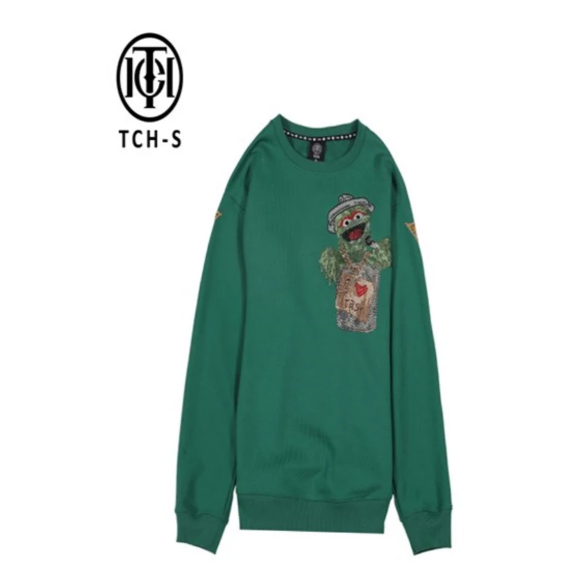 轻奢-TCH潮牌时尚青蛙字母烫钻绿色圆领卫衣情侣百搭S66C119265