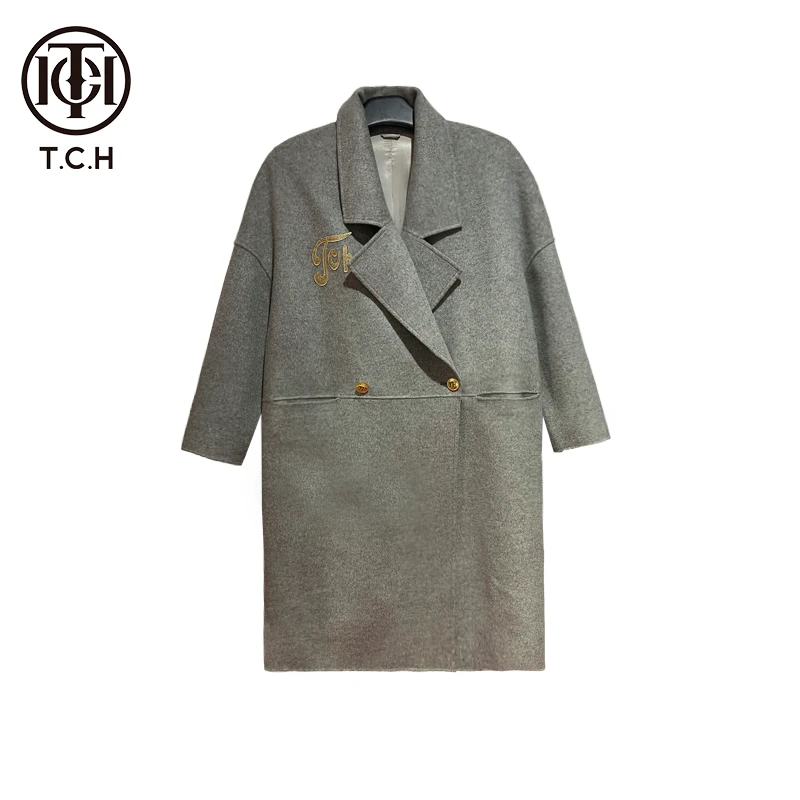 轻奢TCH潮牌重工翅膀烫钻时尚百搭气质高级灰大衣外套T69D28E6011