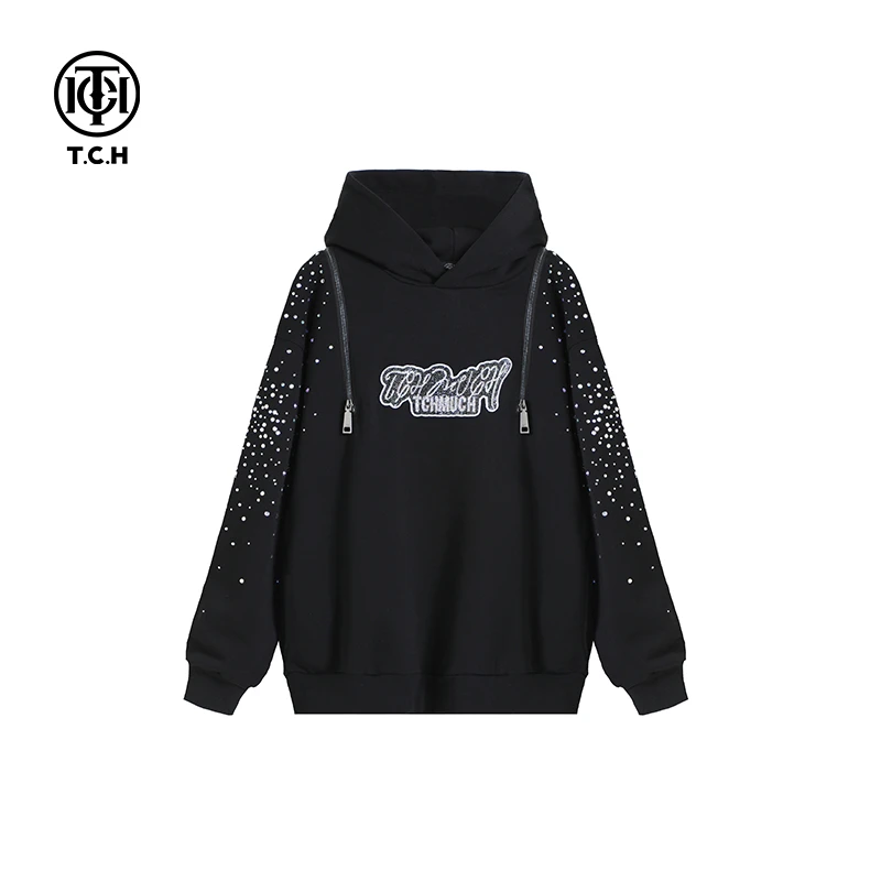 TCH轻奢秋季慵懒风烫钻时尚黑色拉链连帽休闲帽衫卫衣T69C12E6005