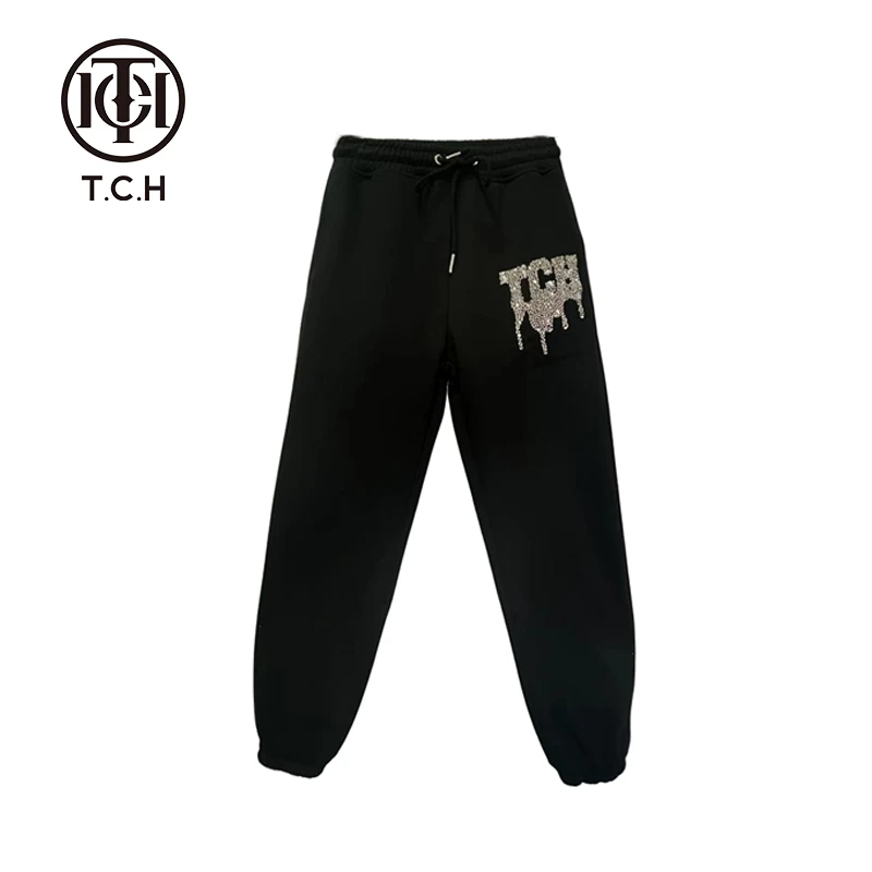 奥莱-TCH潮牌水滴烫钻字母时尚休闲黑色卫裤男女同款T66C206036