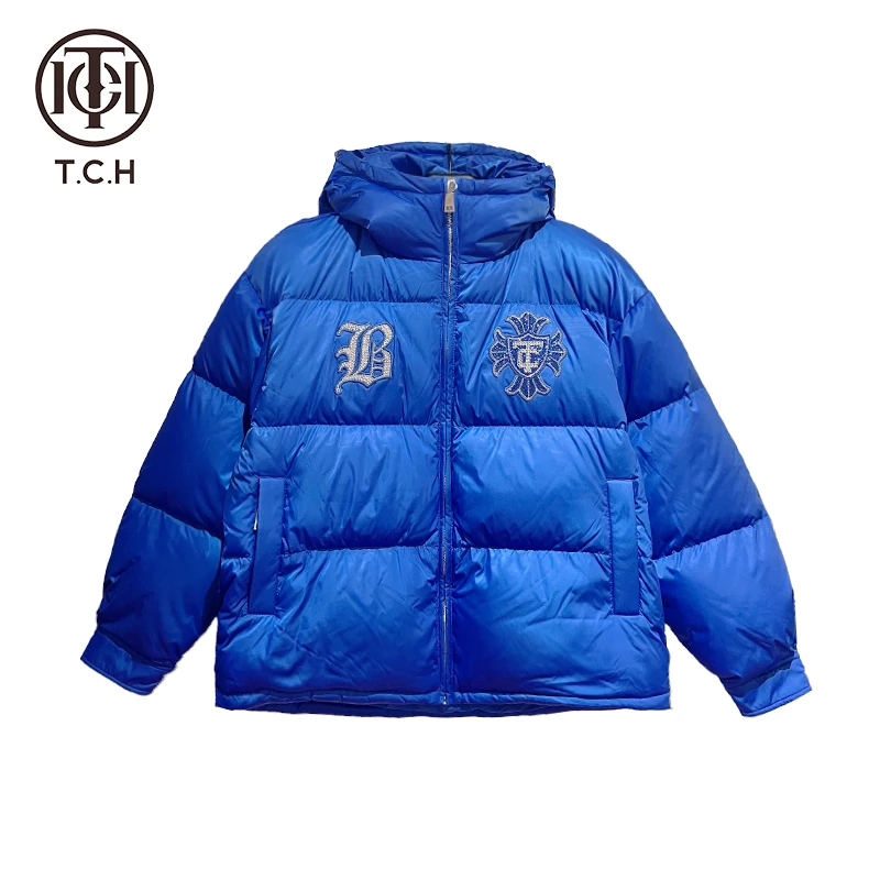 潮牌-TCH潮牌字母徽章刺绣烫钻蓝色连帽时尚羽绒服T69D19E8002