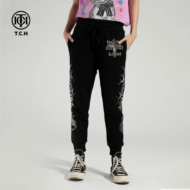 TCH轻奢烫钻工艺潮牌字母黑色运动休闲裤女T21120C6025私服tch
