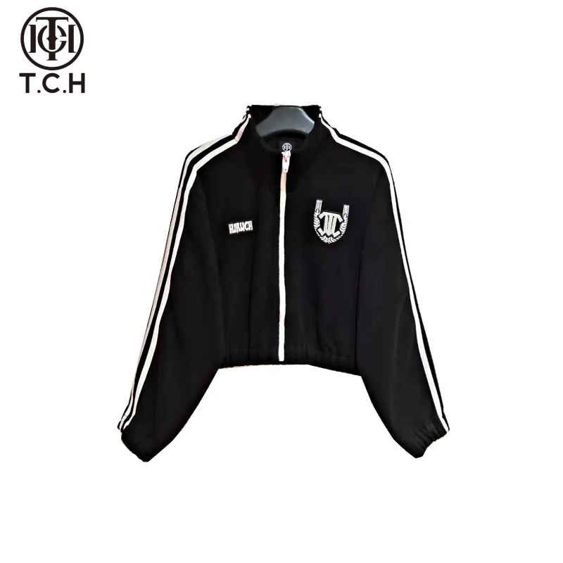 潮牌-TCH烫钻休闲运动黑白条纹黑色外套男女同款S69D276026