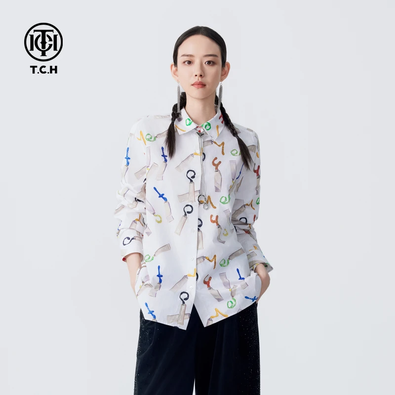 爆款-TCH烫钻印花衬衫外套2025新款设计感长袖衬衣T72C136007