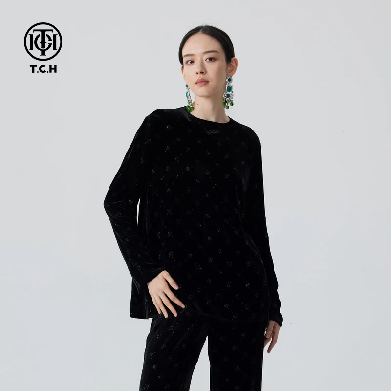 轻奢-TCH25春夏满钻黑色圆领丝绒长袖T恤女显瘦打底衫T72C116081