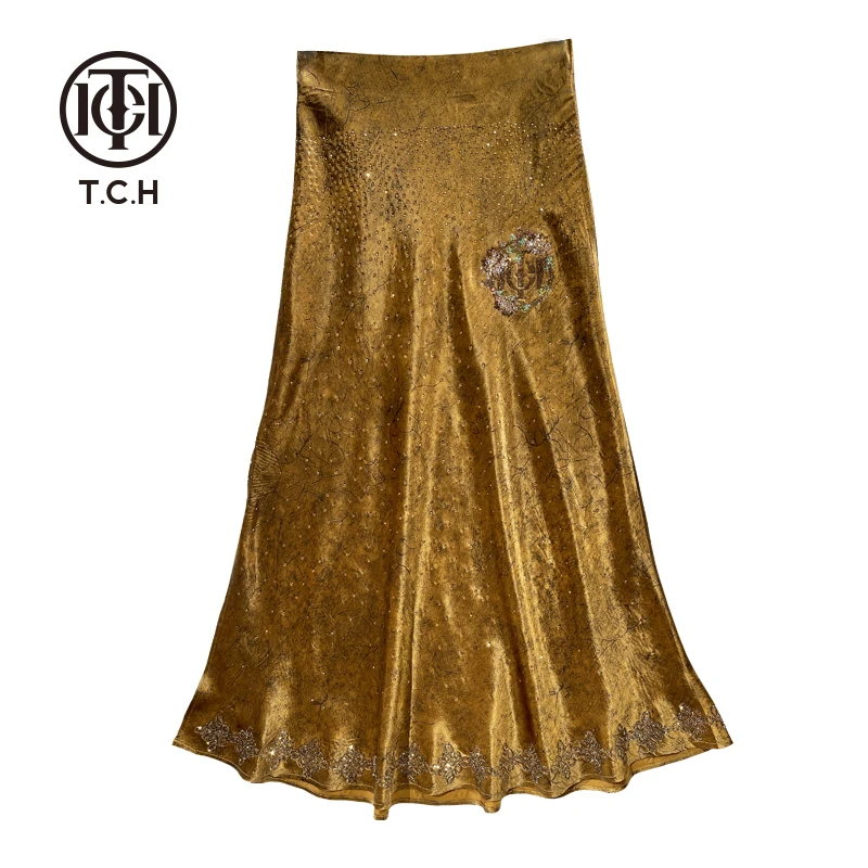 TCH潮牌重工满钻修身显瘦新中式咖啡色半身裙T72A228010