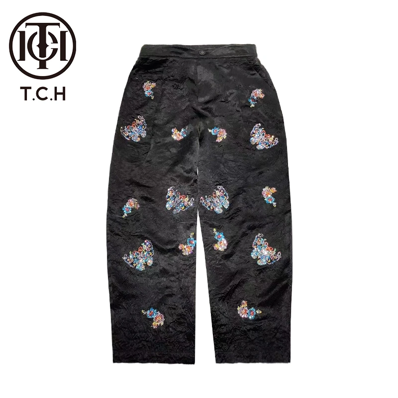 TCH轻奢烫钻工艺新中式蝴蝶黑色直筒裤长裤女T72B20E9009私服tch