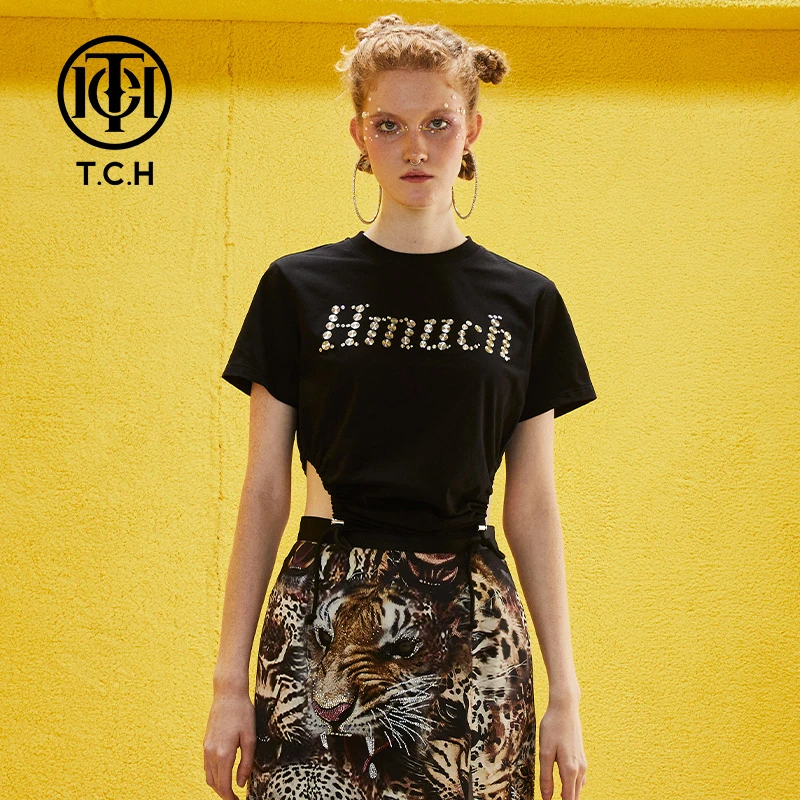轻奢-TCH潮牌T恤烫钻字母个性收腰新款女士黑色短袖T69B106043