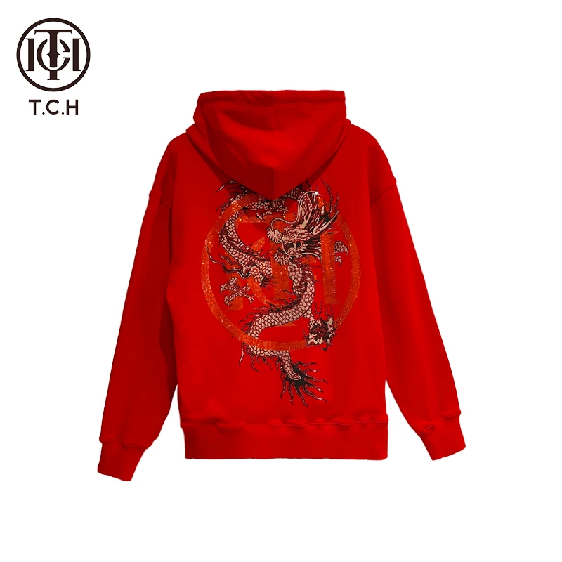 潮牌-TCH潮牌重工烫钻时尚新年潮流龙年红色连帽卫衣T69D12E6020