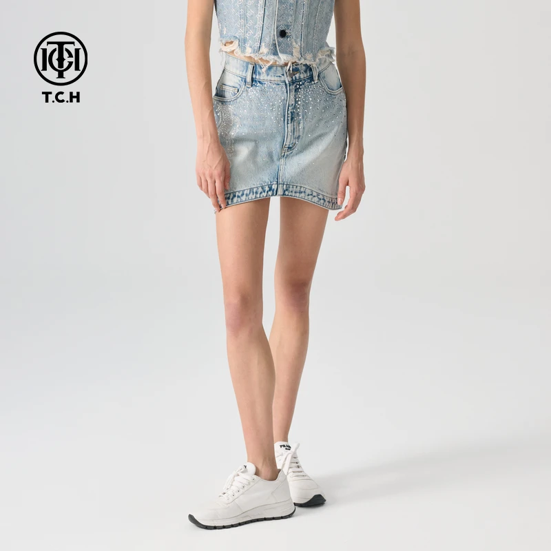 轻奢/T.C.H2025夏季新款烫钻时尚百搭短款修身牛仔半裙T72B228006