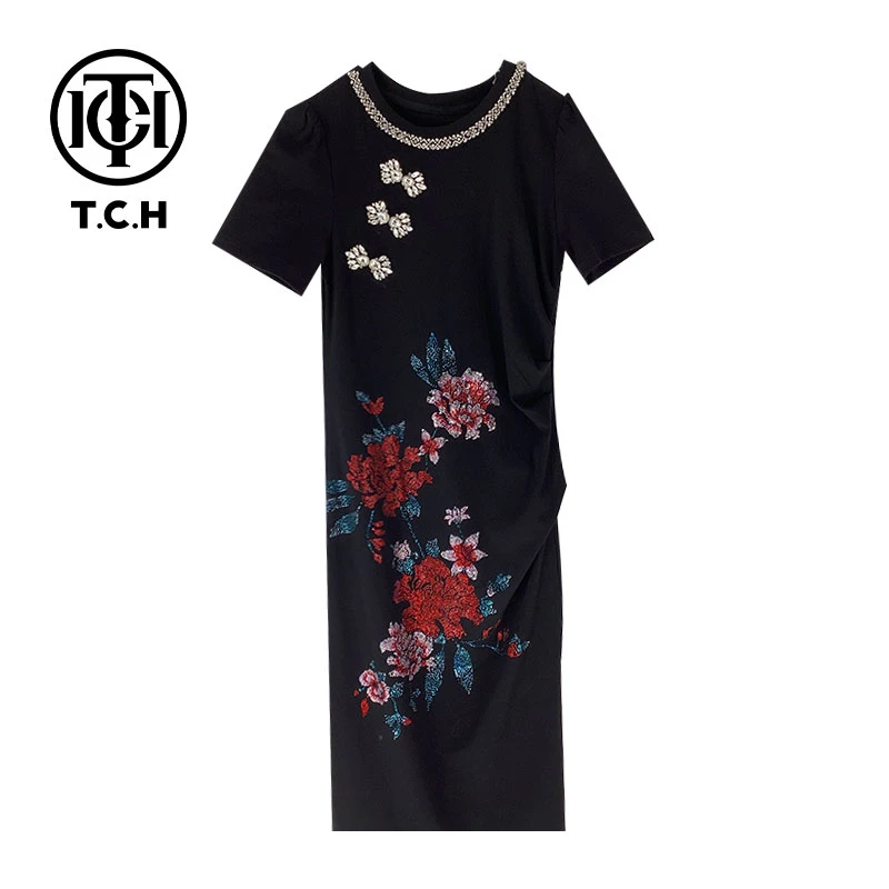 T.C.H新中式夏款显瘦气质时尚重工洋气烫钻黑色连衣裙T72B30E9090