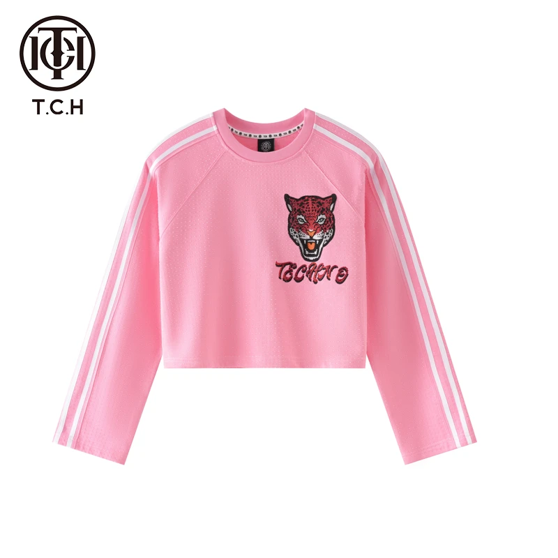 线上-TCH潮牌重工满钻潮流休闲百搭洋气粉色短款卫衣T69C11E6002
