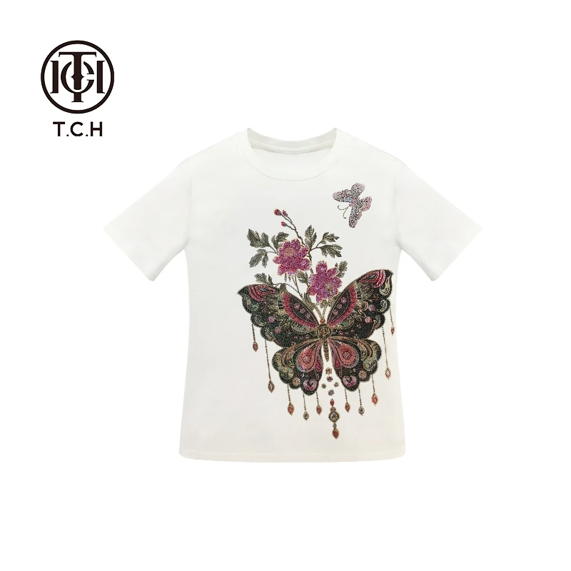 轻奢-T.C.H25春夏潮流烫钻新中式系列时尚白色蝴蝶T恤T72B10E9058