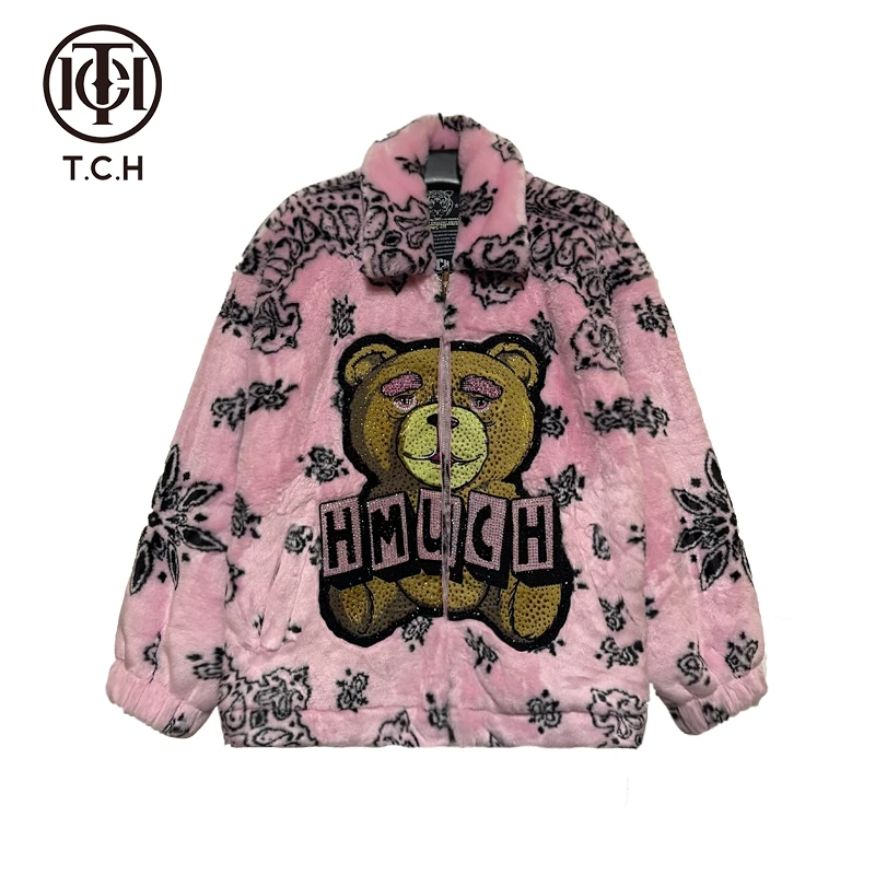 TCH-TECHNO CHILLOUT HOUSE憨憨熊烫钻粉色毛毛外套T66D27E6003
