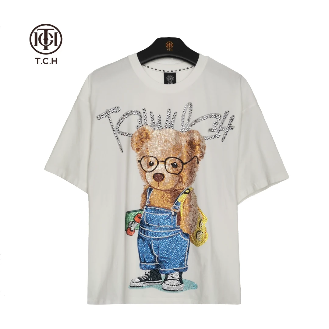 TCH潮牌滑板眼镜熊时尚休闲圆领轻奢洋气白色T恤宽松-T66B10E6202