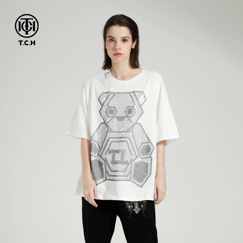 爆款-TCH潮牌新款几何熊烫钻时尚白色T恤男女同款T21110C6181