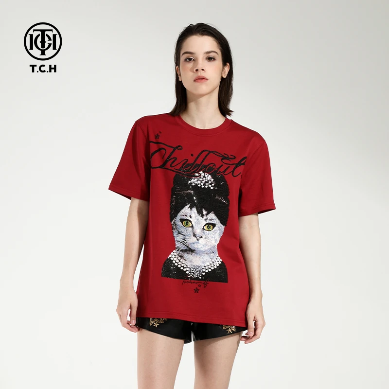 TCH轻奢赫本猫咪烫钻酒红色宽松圆领短袖T恤T21110C6108私服tch