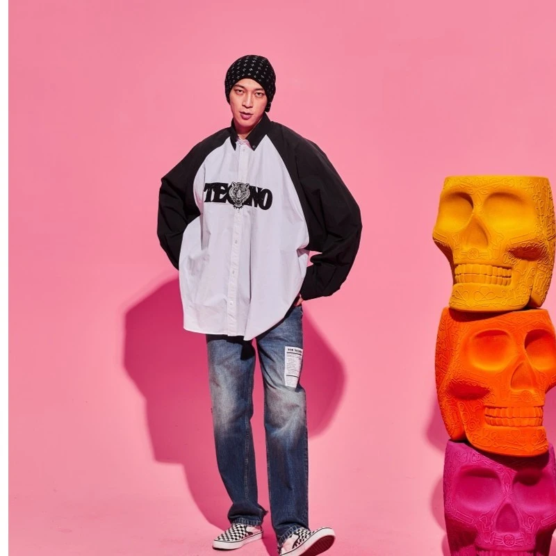 爆款-TCH潮牌秋季新款潮牌烫钻拼接休闲白色长袖衬衫T69C136001