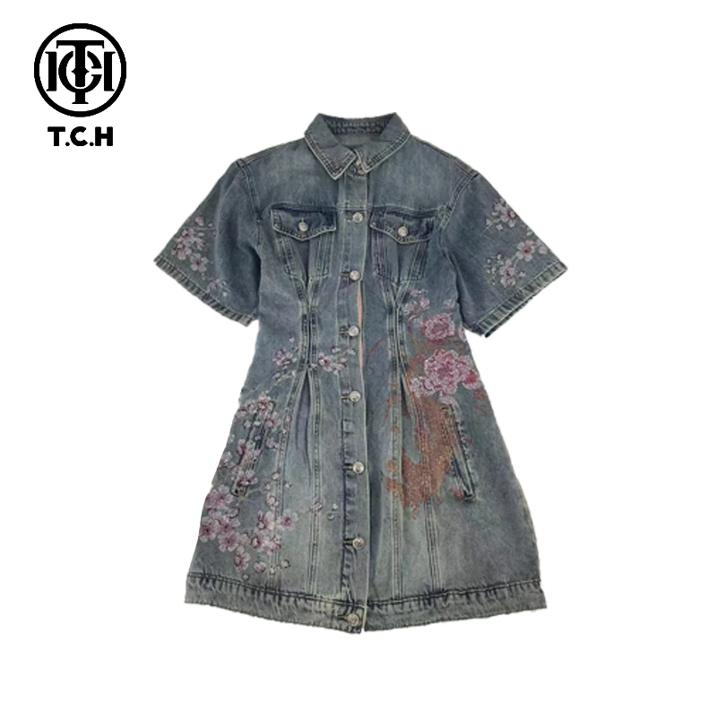 TCH/新中式轻奢重工烫钻显瘦牛仔连衣裙T72B30洋气轻奢衣服炸街女