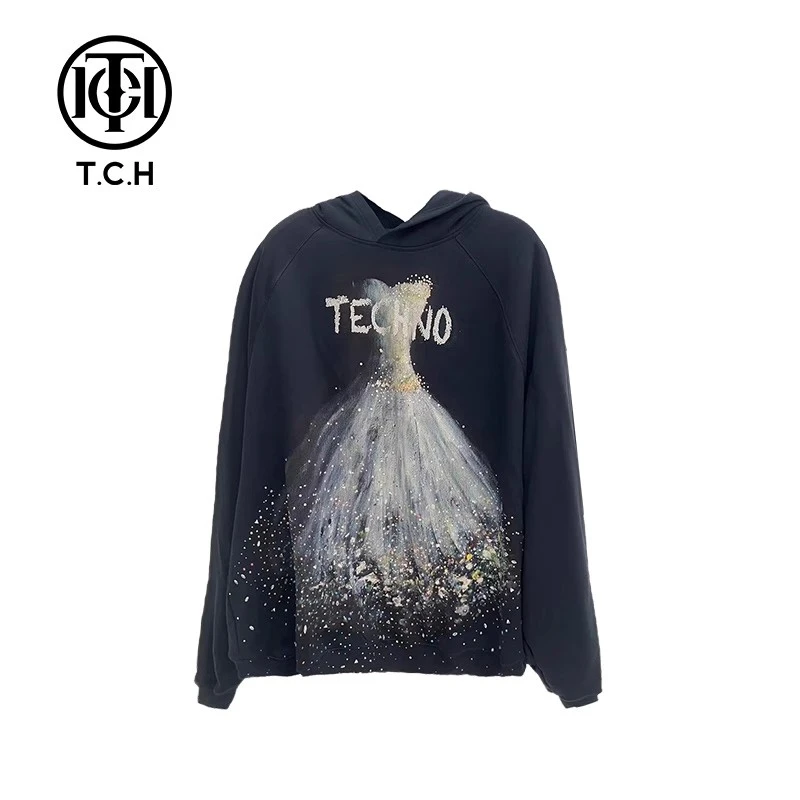 TCH轻奢秋冬时尚慵懒风烫钻休闲情侣款连帽卫衣T69D126046私服tch