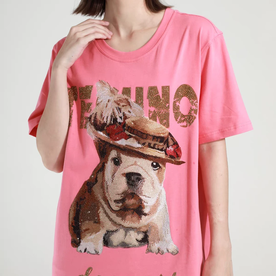 潮牌-TCH礼帽狗狗字母烫钻粉色T恤男女同款T21110B6004