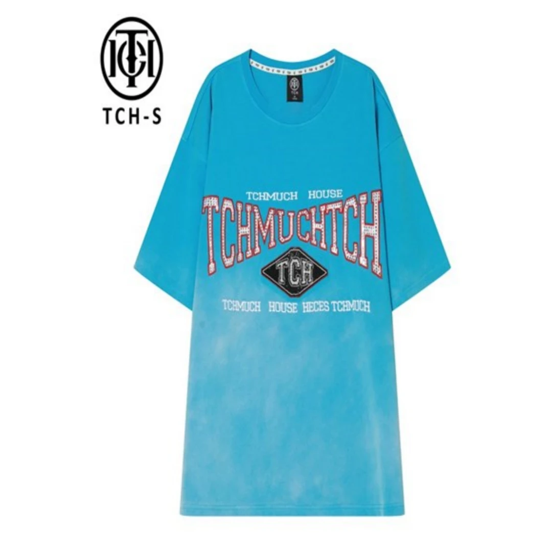 TCH轻奢时尚刺绣烫钻渐变蓝色设计师圆领T恤S69B108012私服tch