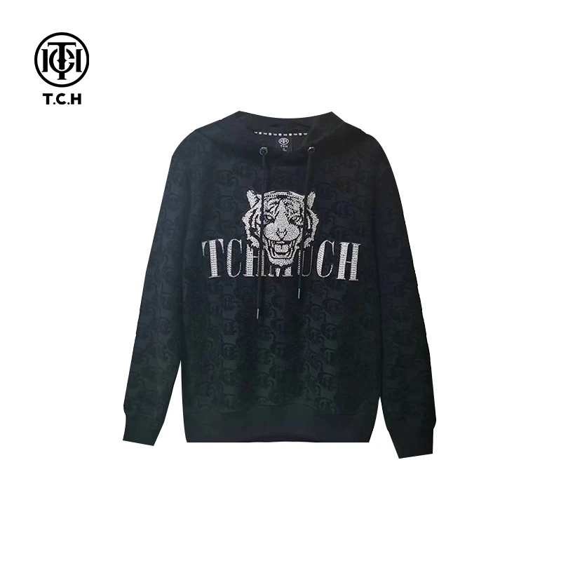 轻奢-TCH潮牌字母提花银色豹头黑色时尚休闲连帽帽衫T69A126040