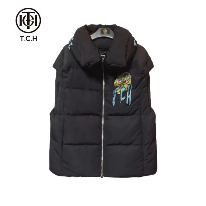 奥莱-TCH烫钻字母冬季保暖休闲时尚黑色厚款羽绒马甲T66D25E8001