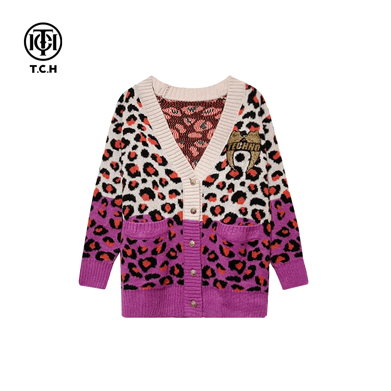 TCH-TECHNO CHILLOUT HOUSE潮牌卡豹纹粉色针织开衫T66C43E8015