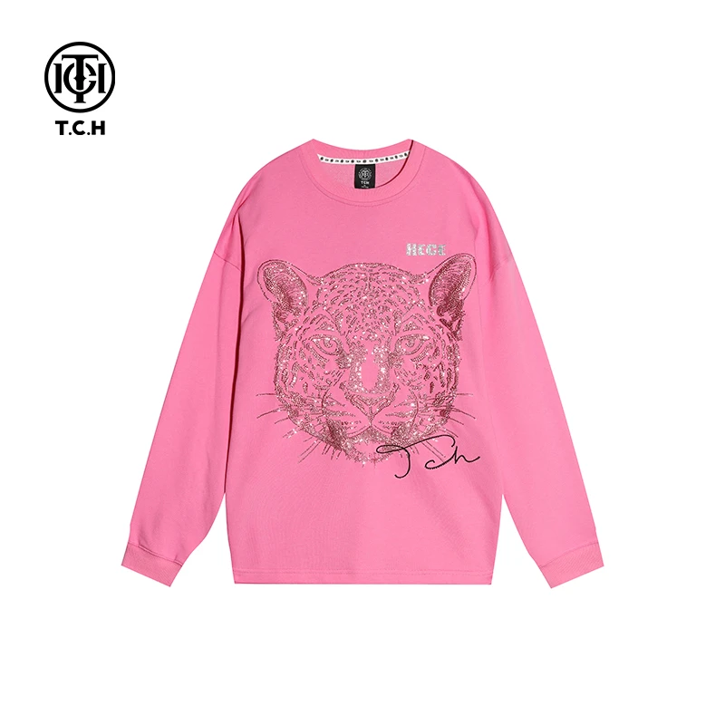 TCH-潮牌豹头重工烫钻时尚休闲粉色甜美圆领套头卫衣T21111C6070