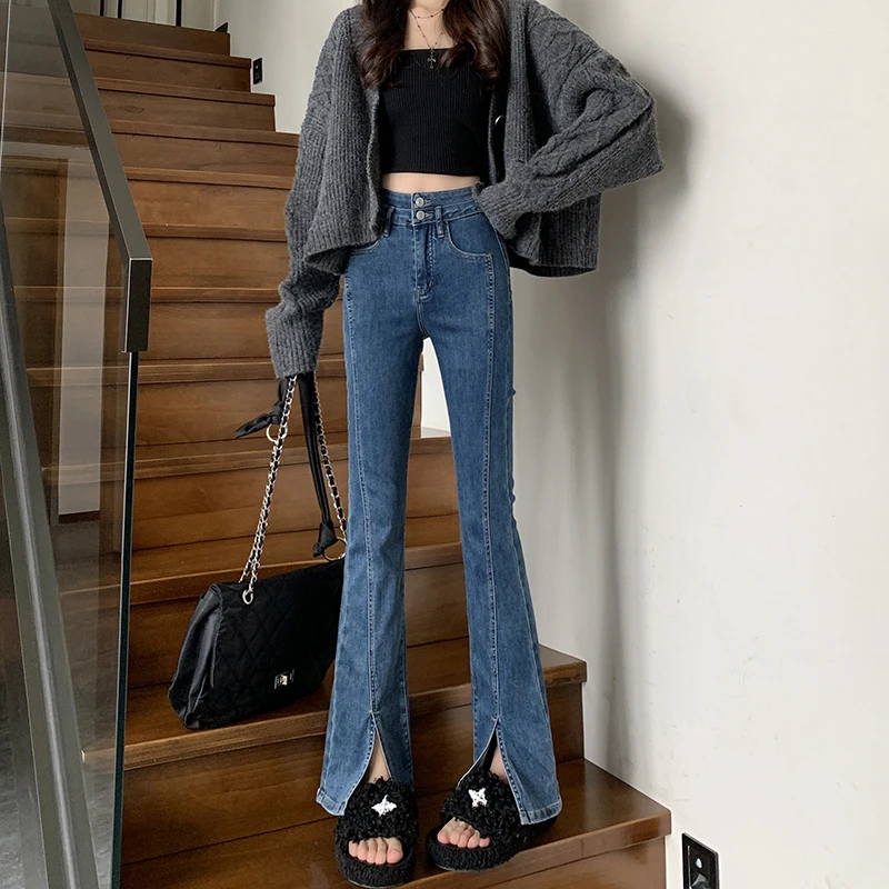 2023年爆款春秋新款深蓝色开叉微喇牛仔裤女高腰显瘦拖地喇叭裤子