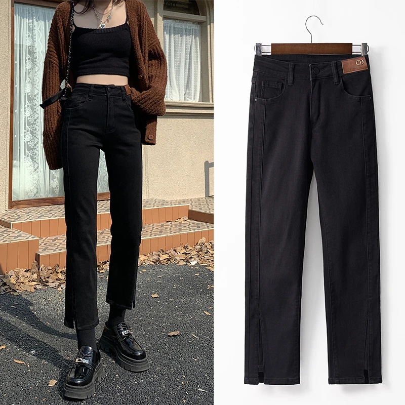 珊璞黑色直筒牛仔裤女2024年秋季新款高腰设计感小众开叉烟管裤子
