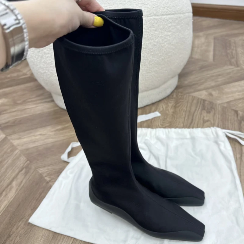 极简风方头弹力靴女瘦瘦靴莱卡拼接长筒靴平底不过膝漫画腿袜子靴
