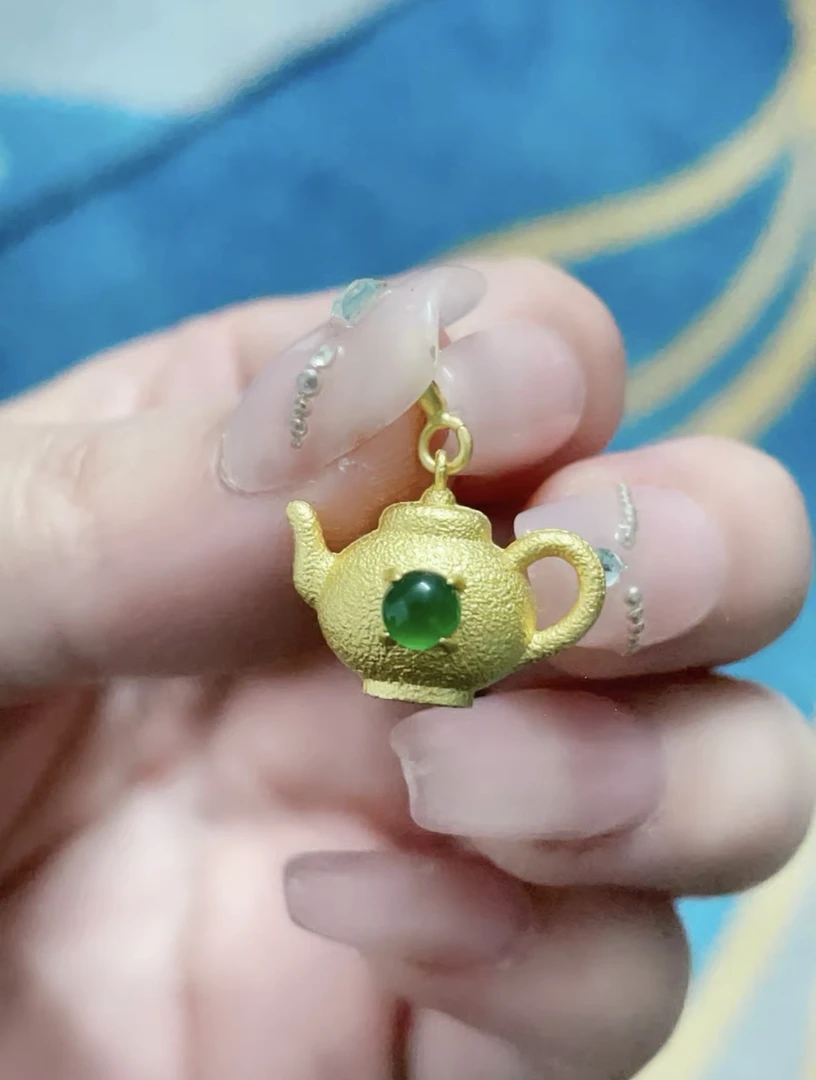 天然A货翡翠把把壶小滴流s925银镶嵌可DIY小配件