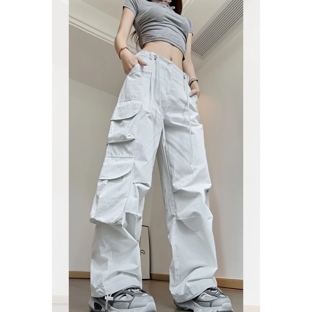 夏春茶美式高街抽绳工装裤女酷飒风宽松运动裤高腰显瘦阔腿裤ins