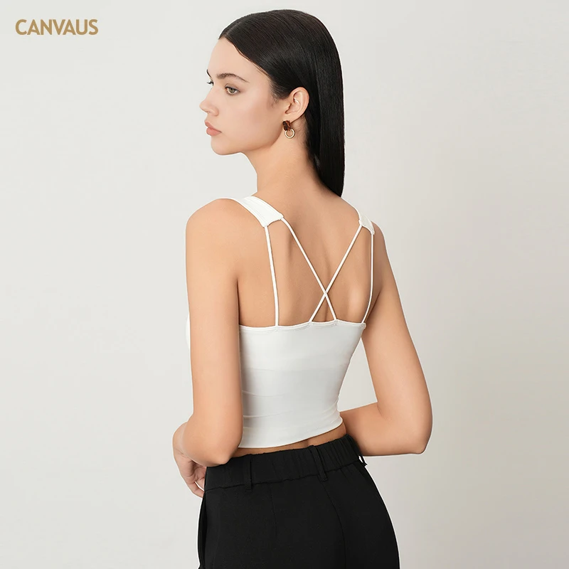 CANVAUS带胸垫经典黑白色U型领吊带背心女交叉带一片式短款上衣夏