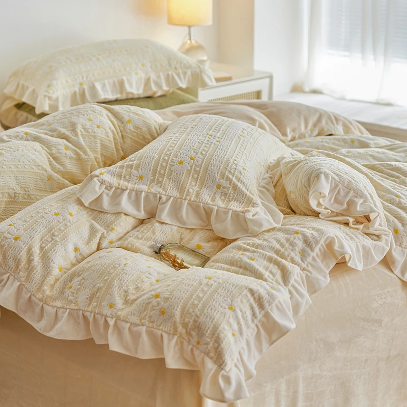 美如梦丨小雏菊 立体雕花牛奶绒四件套花边款三件套床上用品