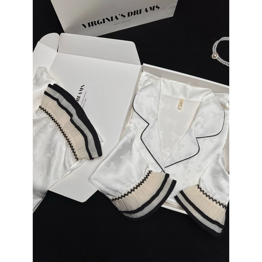 2025最新款女冰丝睡衣高级感蝴蝶结长袖长裤可外穿洋气家居服套装