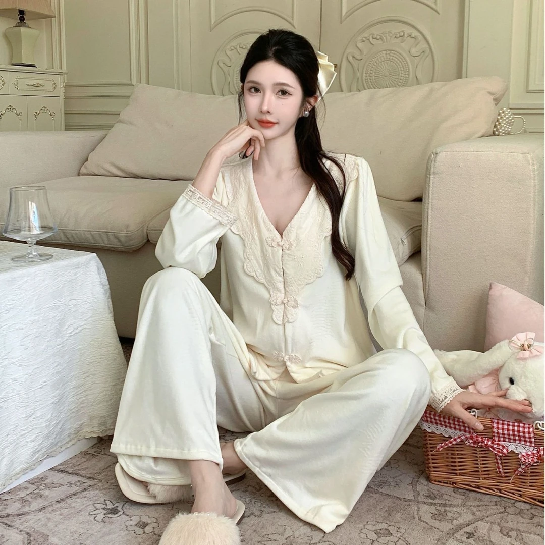 海岛绒睡衣女2024秋冬款复古宫廷风长袖长裤双面绒女士家居服套装