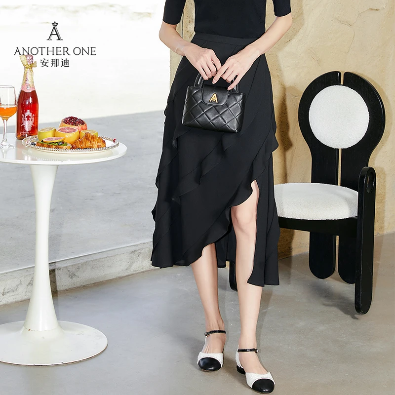 ANOTHER ONE安那迪法式气质黑色半身裙女不规则设计感小众