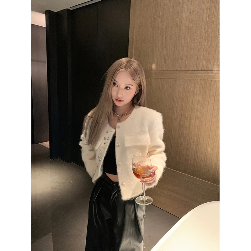 TA suki  白咖布兰尼 圆领多纽扣呢子外套秋冬季2023新款短款上衣