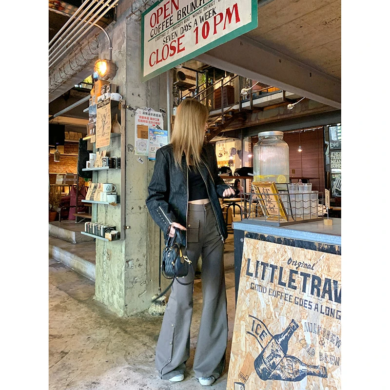 TA suki 黑色高腰纽扣喇叭裤显瘦百搭裤子新款女