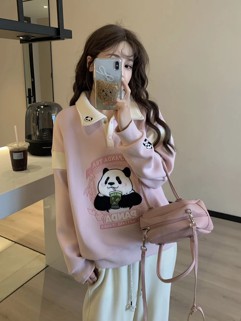 冬款翻领熊猫 韩版卡通宽松重工刺绣长袖时尚百搭秋冬休闲风卫衣