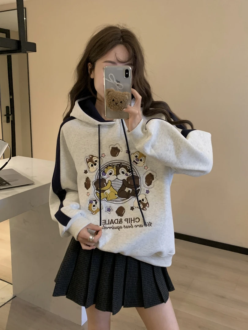 冬款奇奇蒂蒂拼色 长袖时尚百搭宽松减龄撞色卡通慵懒风连帽卫衣