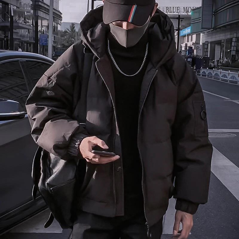 羽绒衣新款潮牌冬季潮男面包棉服短款宽松大码高档加厚黑色连帽